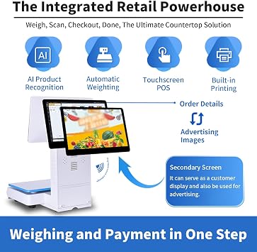 Caisse Enregistreuse Intelligente Tout-En-Un, Systeme De Point De Vente Avec Balance Integree, Ecran Tactile Double De 15,6 Pouces, 8G RAM, 128G SSD, Pour Le Commerce Dualscreen