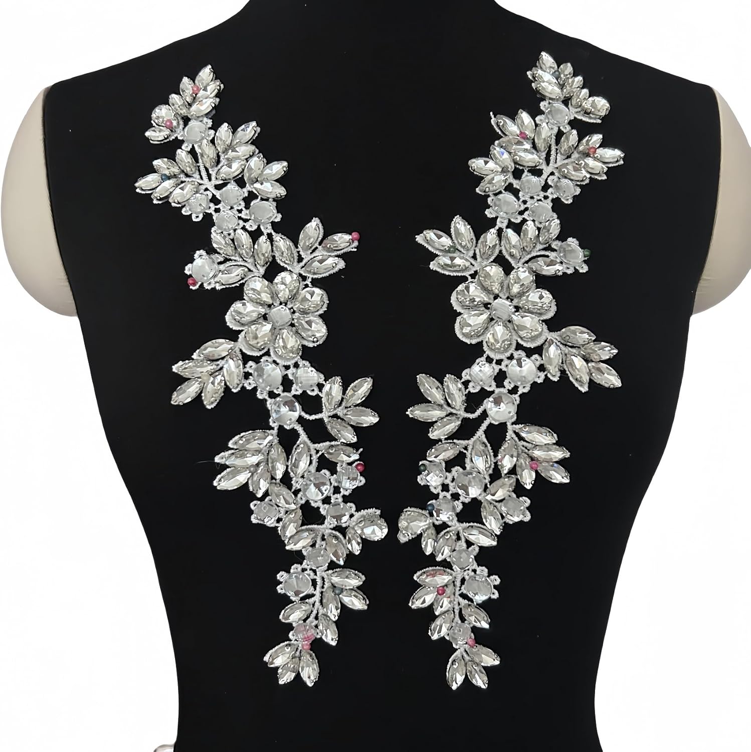 Lace Costumes Beaded Appliques Patches White Glass Rhinestones Crystals Designer DIY Garment Sewing Stage Dance Wear Wedding Party Dresses Accessories Crafts 1 Pair, ymal-h-0401