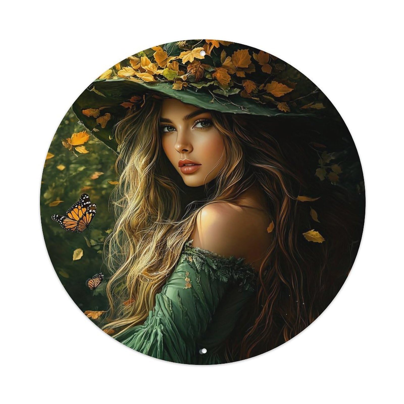 Autumn Leaves Butterflies Hat Dress Round Tin Sign Vintage Metal Sign Home Bar Garden Indoor & Outdoor Wall Decor Retro Metal Poster 8x8 Inch