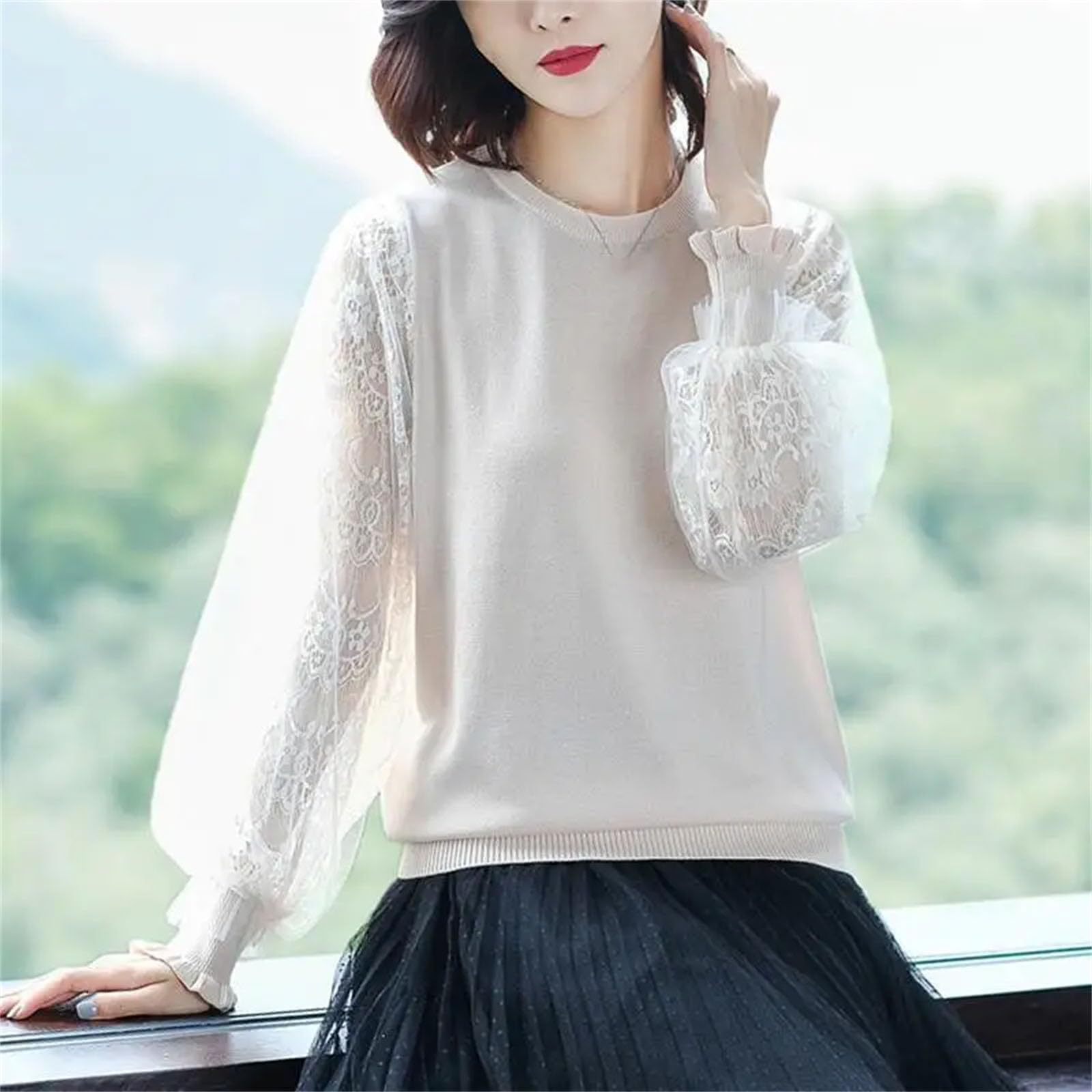 Camicia da donna lavorata a maglia, a maniche lunghe, in pizzo sottile