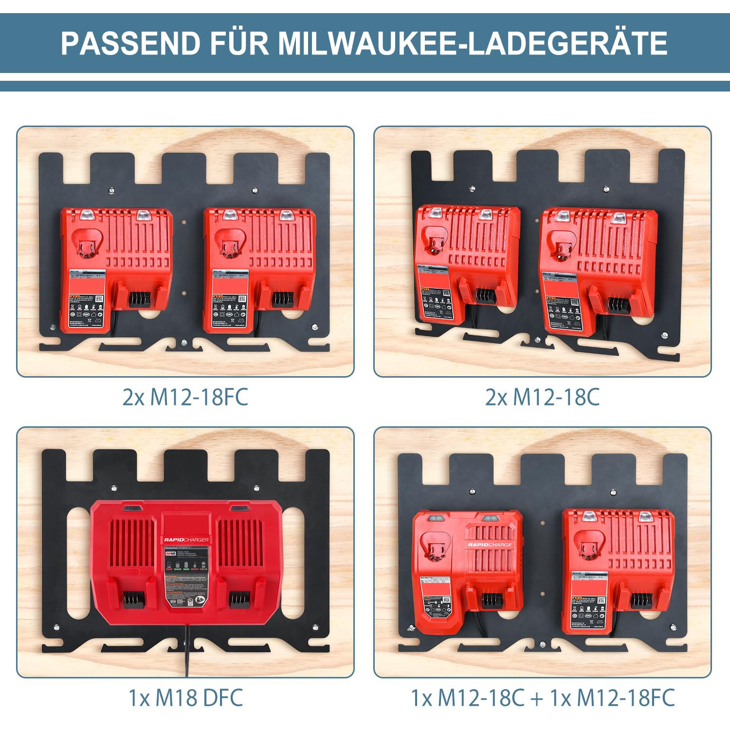 Supporto da parete 3 in 1 per caricabatteria Milwaukee, batterie, trapano, supporto in metallo, scaffale per 4 batterie da 18 V, 2 caricabatteria M12-18C/2 M12-18FC