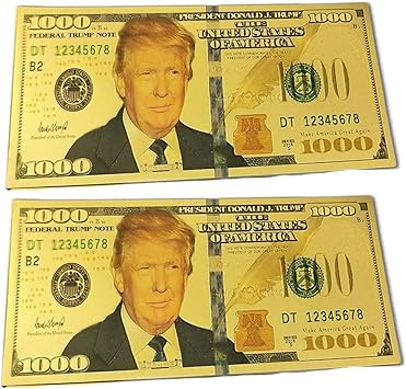 حزمة بلينكي من 2-1000 دولار أمريكي مذكرة بنك مزيفة للرئيس التذكاري دونالد ترامب قابلة للتحصيل ومطلية بالذهب