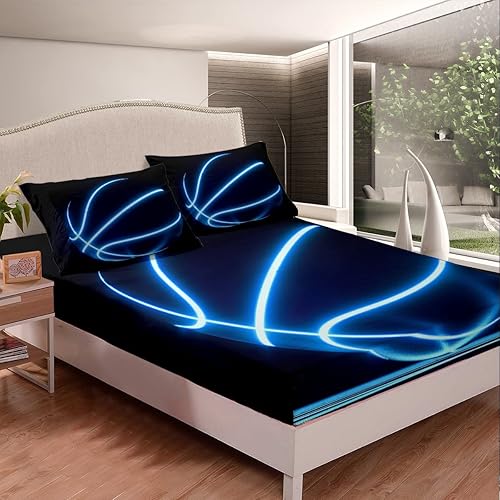 Miniatura 4 de Erosebridal Sábanas deportivas para niños, juego de sábanas de baloncesto neón de tamaño matrimonial, 4 piezas, para niños, adolescentes, sábanas
