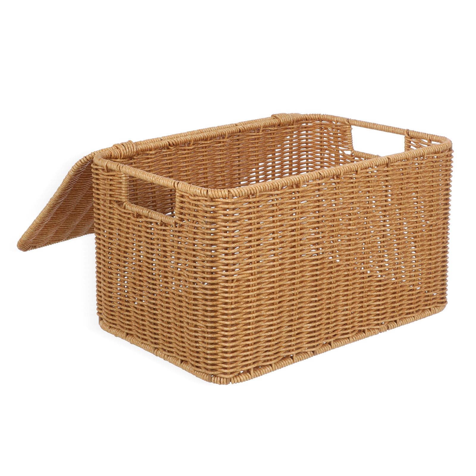 Panier de rangement rectangulaire rotin tressé grand contenant avec couvercle plat