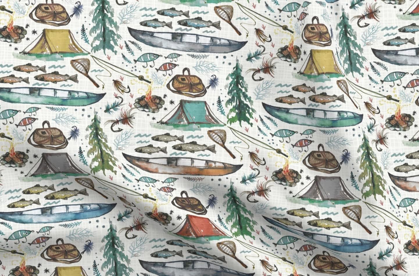 Spoonflower Fabric - Country Nature Boys Fish Whimsical Lake Fishing Camping Cabin Hunting Printed on Polartec(R) Fleece Fabric by The Yard - Sewing Blankets Loungewear and No-Sew