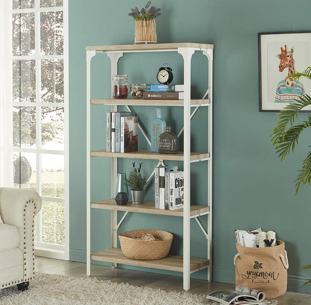 HOMISSUE 5-Tier Modern Industrial White Bookshelf, Display Storage Rack for Living Room, Office Open Wide Etagere Bookcases Furniture, Light Oak Shelves