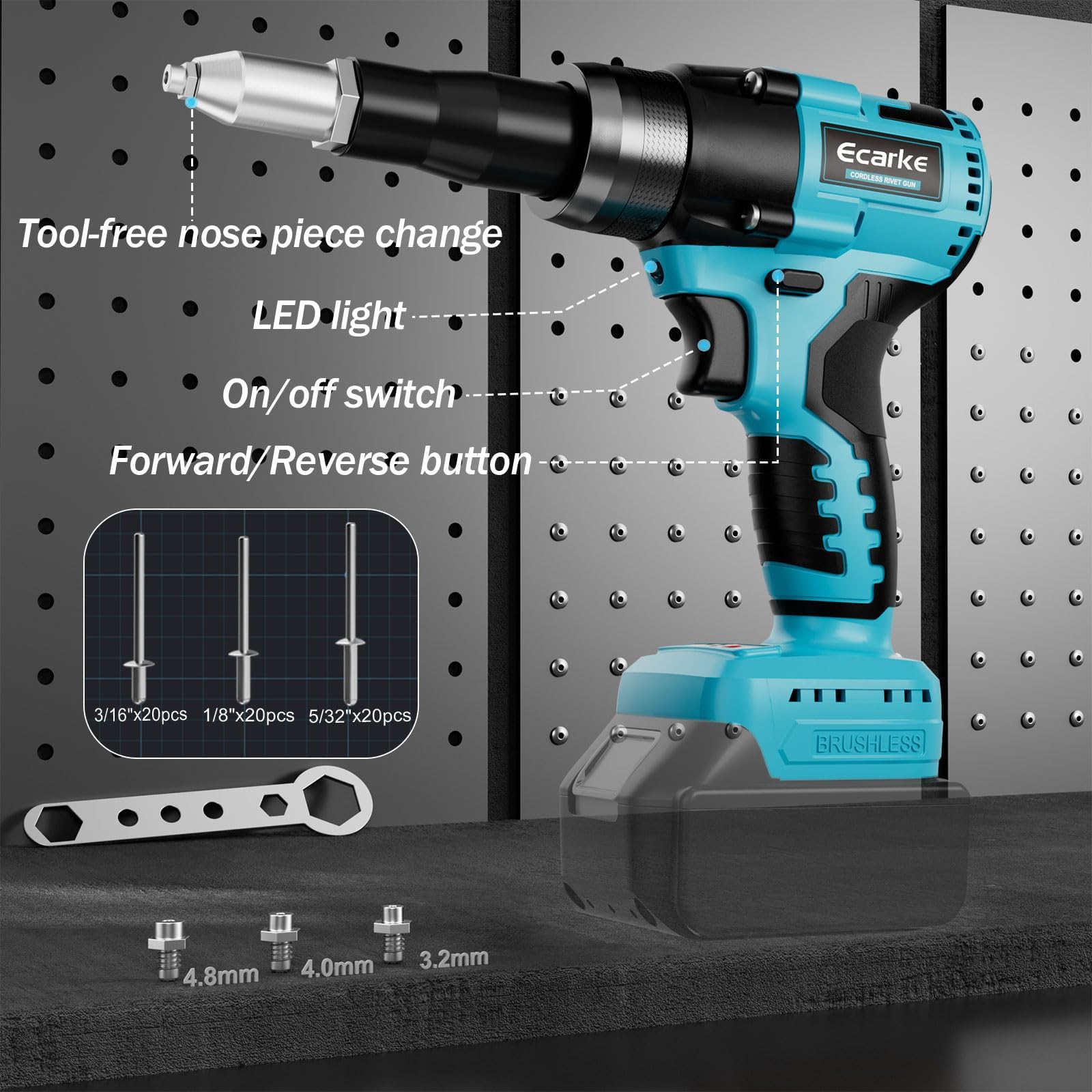 Ecarke Riveteuse sans fil pour Batterie Makita 18V Li-Ion, Brushless Motor avec 20 Rivets en Trois Tailles (3,2/4,0/4,8 mm) & Lumière LED, Idéale pour les Chantiers, Bricolage etc (Sans Batterie)