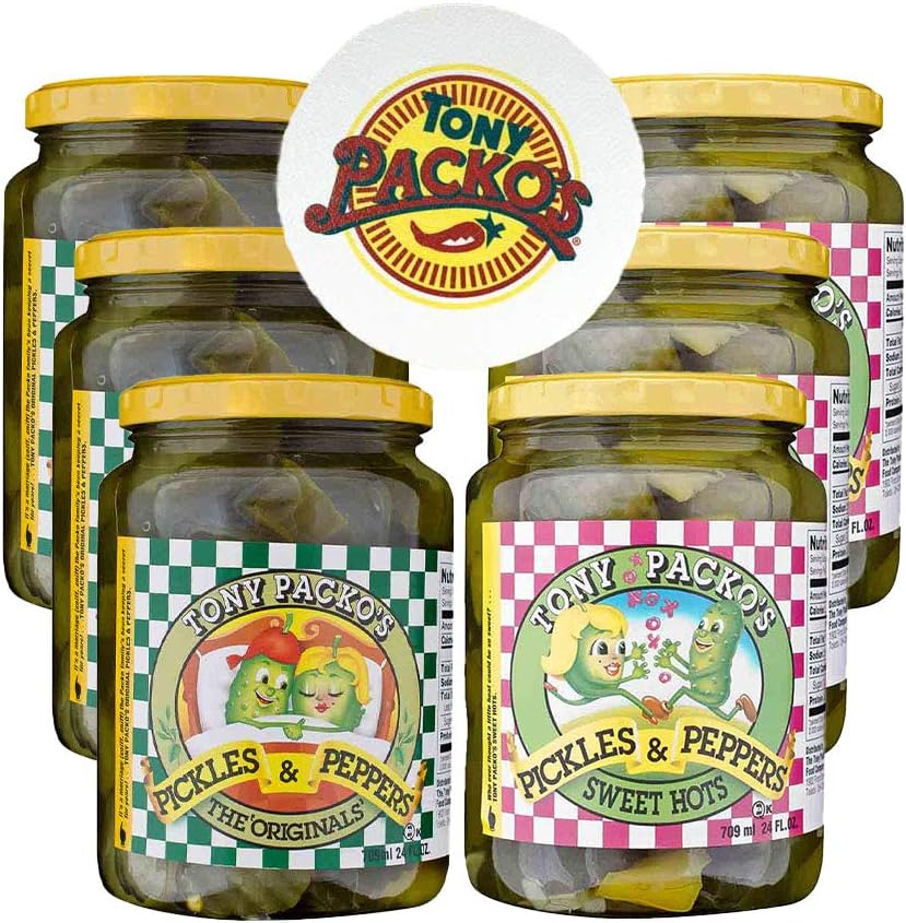 Tony Packo’s 6-Pack Pickle Variety Bundle, 3 Sweet Hot Pickles (24 oz) & 3 Original Pickles & Peppers (24 oz) with Jar Opener, USA-Made Pickle Assortment, Hot Dog Topping, Relish Tray, Sandwich Spread, Toledo Ohio, With Pulp Jar Separators