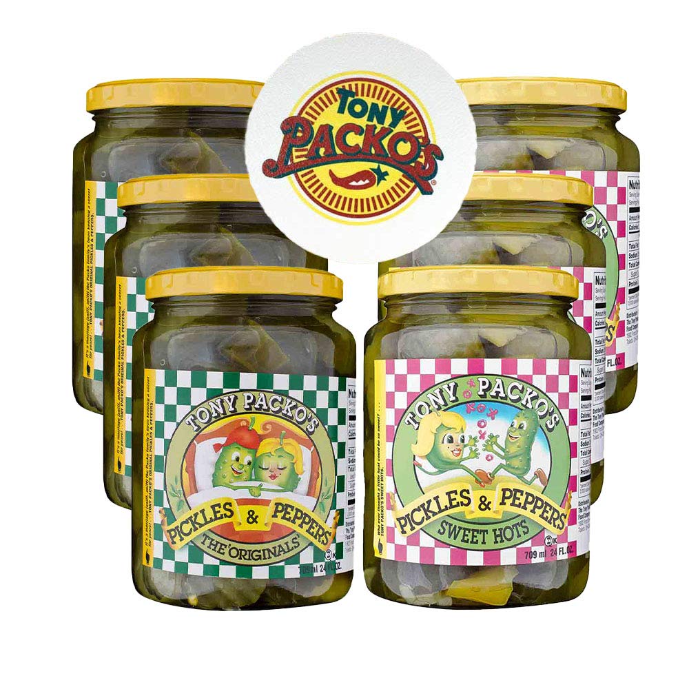 Tony Packo’s 6-Pack Pickle Variety Bundle, 3 Sweet Hot Pickles (24 oz) & 3 Original Pickles & Peppers (24 oz) with Jar Opener, USA-Made Pickle Assortment, Hot Dog Topping, Relish Tray, Sandwich Spread, Toledo Ohio, With Pulp Jar Separators