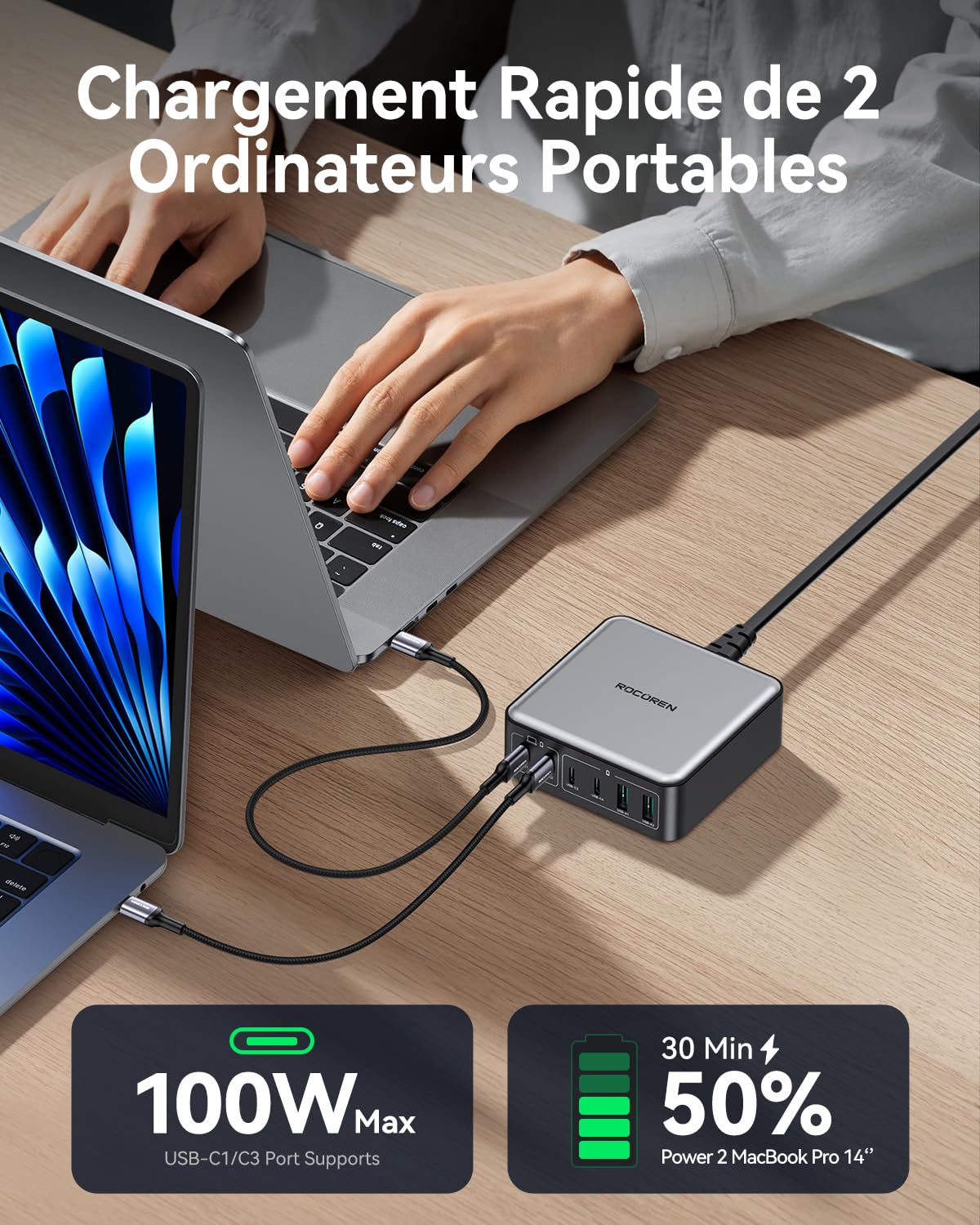 Multiple USB C Charger 270W Rocoren with GaN, USB C Charger 100W Multiple USB Socket for MacBook Air/Pro, iPhone 16/15/14, iPad, Galaxy, Steam Deck, Acer