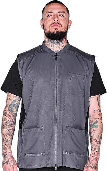 Barber Strong Barber Vest, Mens Hair Repellent, Lightweight & Breathable Mesh Side Panels, Sleeveless, 3 Pockets