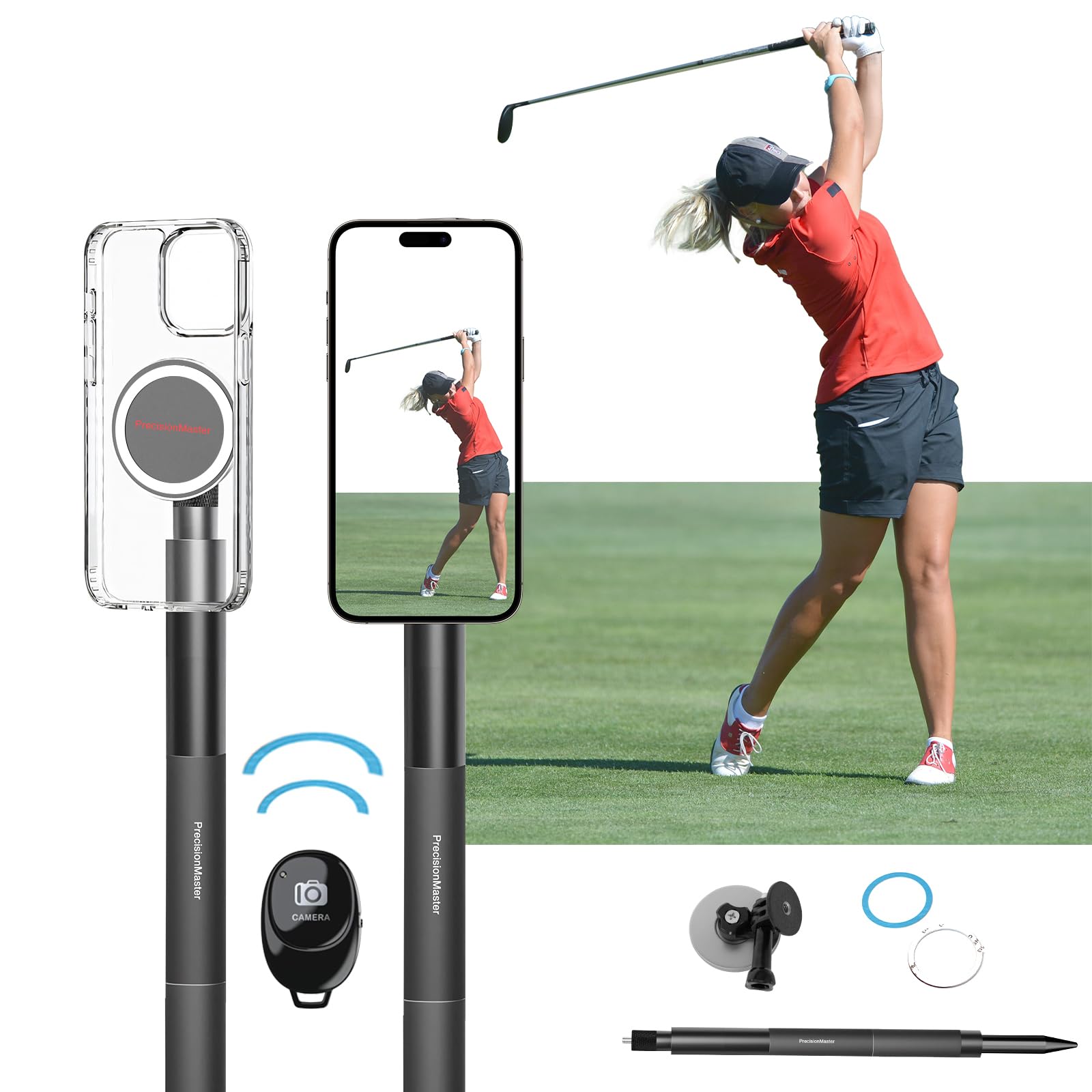 Golf Monopod Stick, Record Golf Swing with Magnetic Phone Holder, Adjustable Tripod with Spike Stake Golf Accessories Golf Swing Training, Compatible