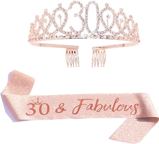 Leixi 30 and Fabulous Sash & Rhinestone Tiara Set - 30th Birthday Gifts Birthday Sash for Women Birthday Party Supplies (Rose gold)