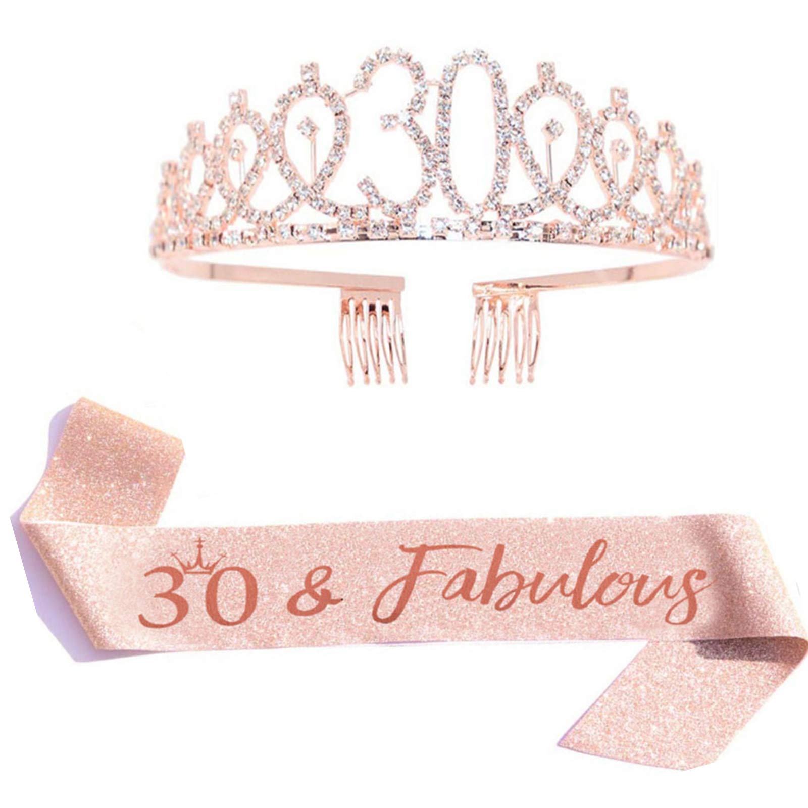 MUYEE 30 and Fabulous Sash & Rhinestone Tiara Set,30th Birthday Gifts,Rose Gold Birthday Sash/Tiara for Women's 30th Birthday Party Decoration