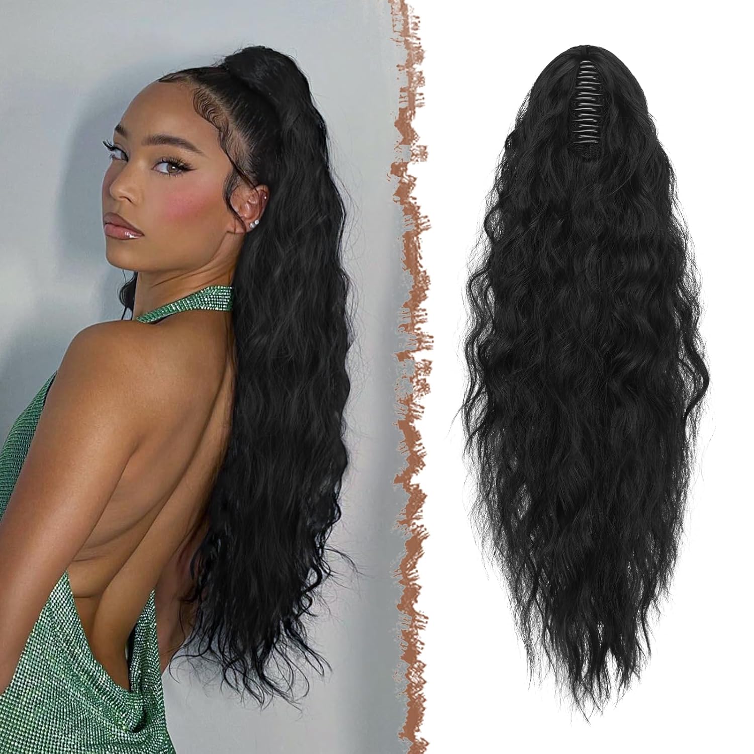 FESHFEN Claw Clip Ponytail Extensions, Long Pony Tail Hair Piece Wavy Curly Synthetic Hairpieces for Women, Black 26 inch