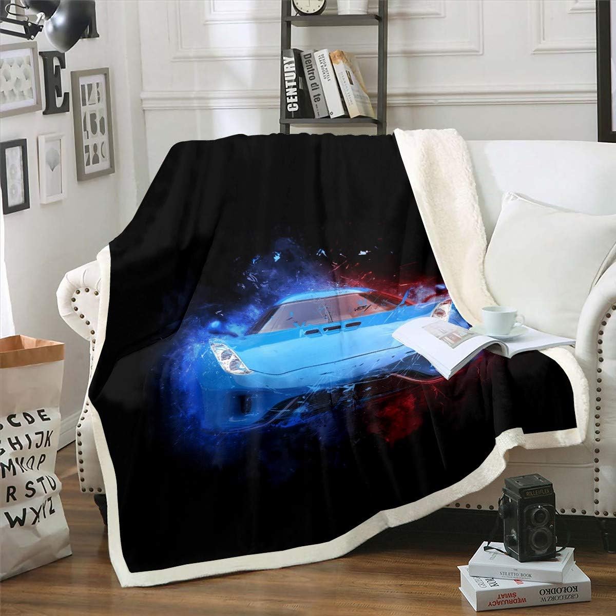 Race Car Fleece Throw Blanket for Bed Sofa Couch Boys Men Speed Sports Car Sherpa Blanket Decorative Extreme Sports Theme Plush Blanket Soft Blue Automobile Fuzzy BlanketThrow 50"x60" Multi
