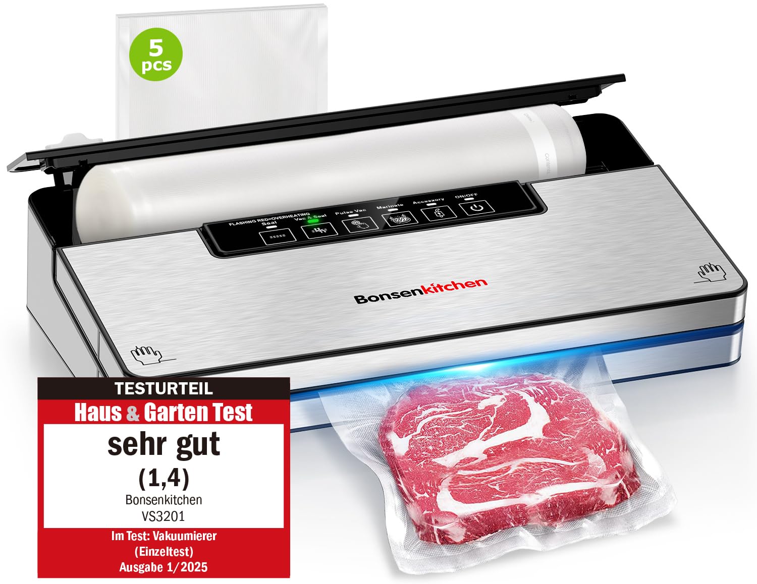Bonsenkitchen Envasadora al Vacío, 5 Modos, Capacidad de Succión 8 L/min | 125W, Tecnología Globefish para Un Funcionamiento a Alta Velocidad, Incluye 5 bolsas precortadas, 1 rollo de bolsas al vacío