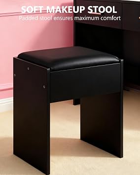 Dressing Table with Mirror and Stool, Adjustable Brightness Makeup Desk with Mirror and Drawers, Vanity Desk with LED Lights Jewellery Storage 3 Color Light Bedroom Living Room, Black