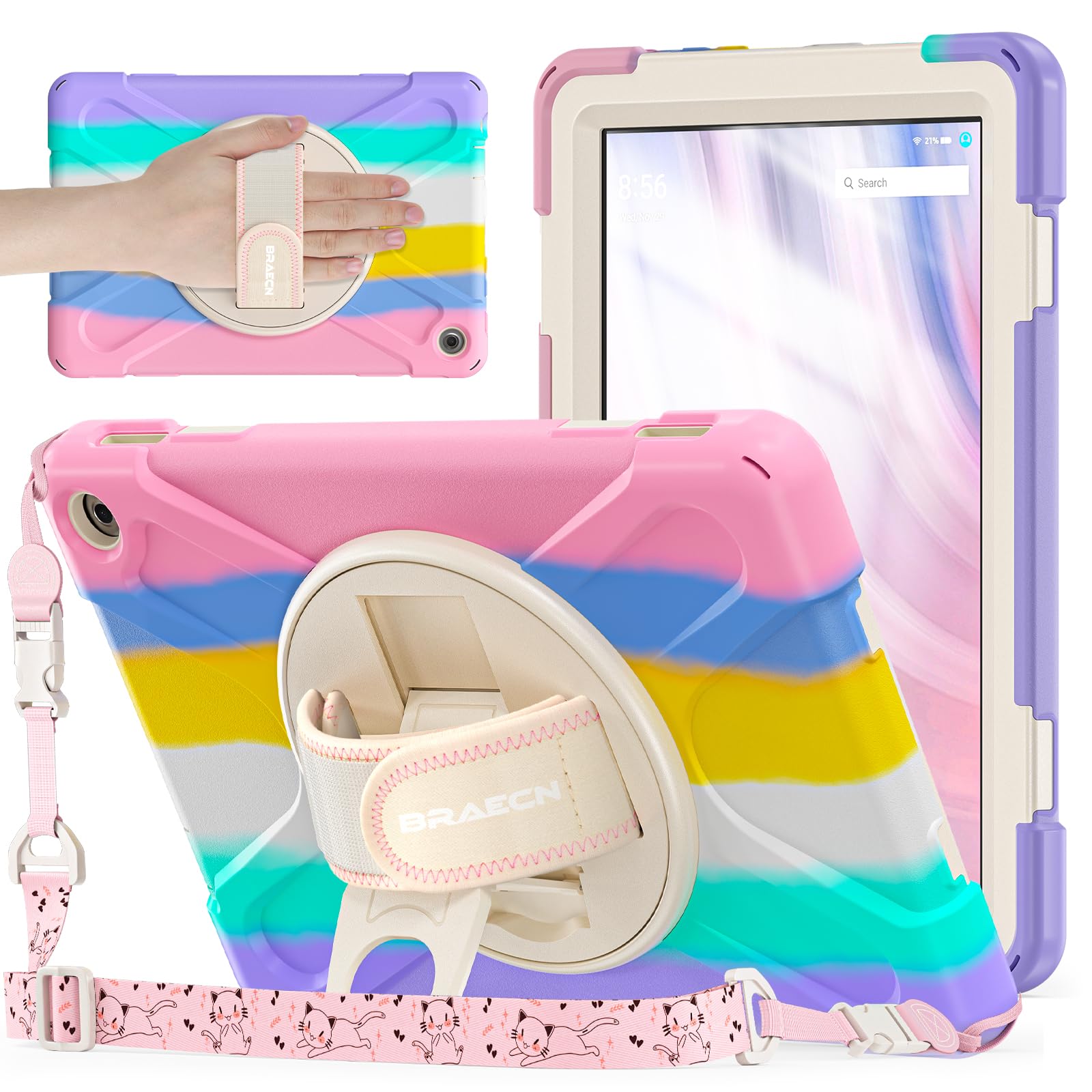 BRAECNstock Custodia per bambini per tablet Amazon Fire HD 10 di 13a generazione 2023, custodia protettiva antiurto per Kindle Fire HD 10 con pellicola protettiva, cinghia da polso girevole+supporto,