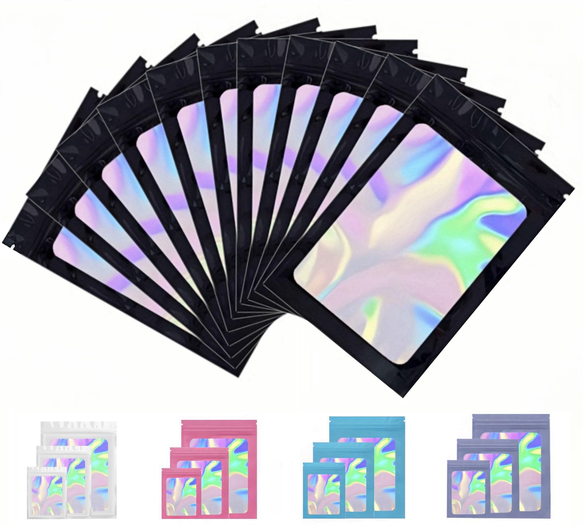 Rimiko Holographic Black 150Pcs Ziplock Mylar Bags With Clear Window, Aluminum Foil Sample Pouches, Resealable Holographic Self-Sealing For Packaging And Food Storage (, 3.1"X5.1")