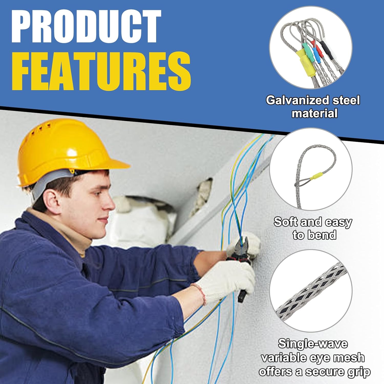 6 Pcs Cable Puller Socks 4–25mm, Cable Pulling Sock Mesh Grip with Eye Loop, Heavy Duty Multi-Size Wire Pulling Socks for Electricians