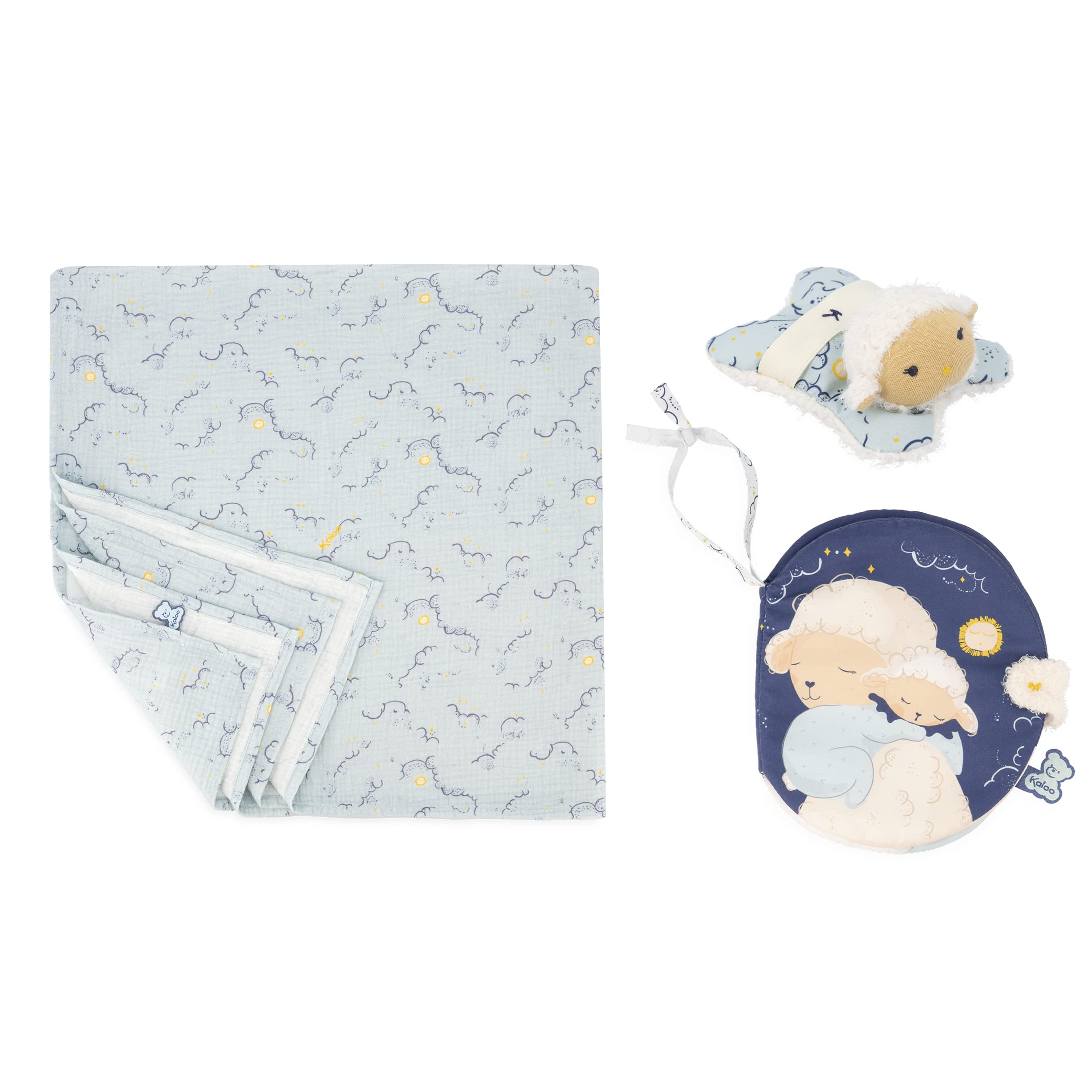 KALOO - Doux Sommeil - Primo Cofanetto Nascita per Addormentare Il Neonato - Libro + Mini Peluche Pecorella + Maxi Coperta Fasciante per Neonato 1 Metro - dalla Nascita, K221008