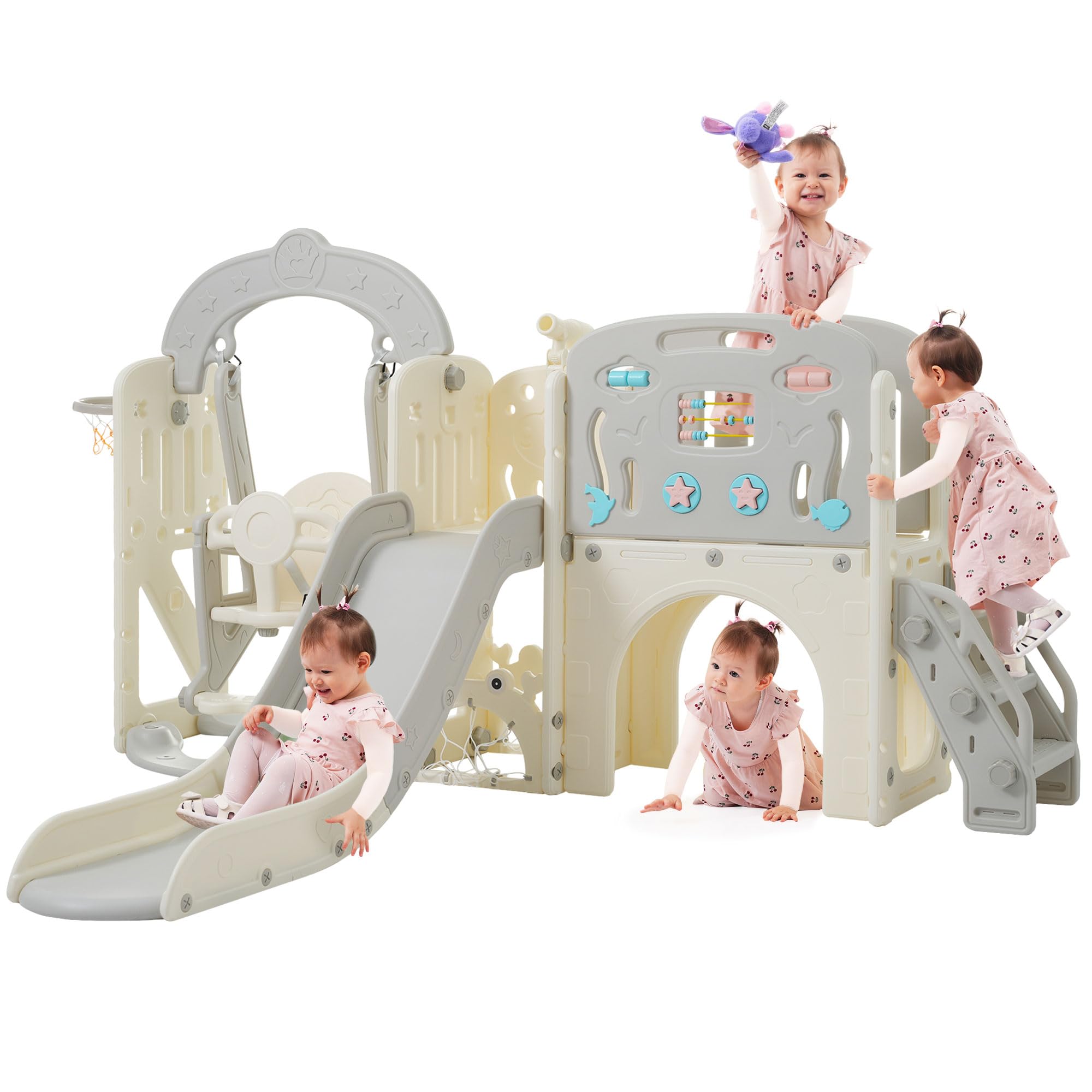 Tobogán infantil 10 en 1 para interior y exterior, parque infantil para el jardín, tobogán infantil con diseño de animales marinos, incluye tobogán, columpio, túnel de arco, canasta de baloncesto y