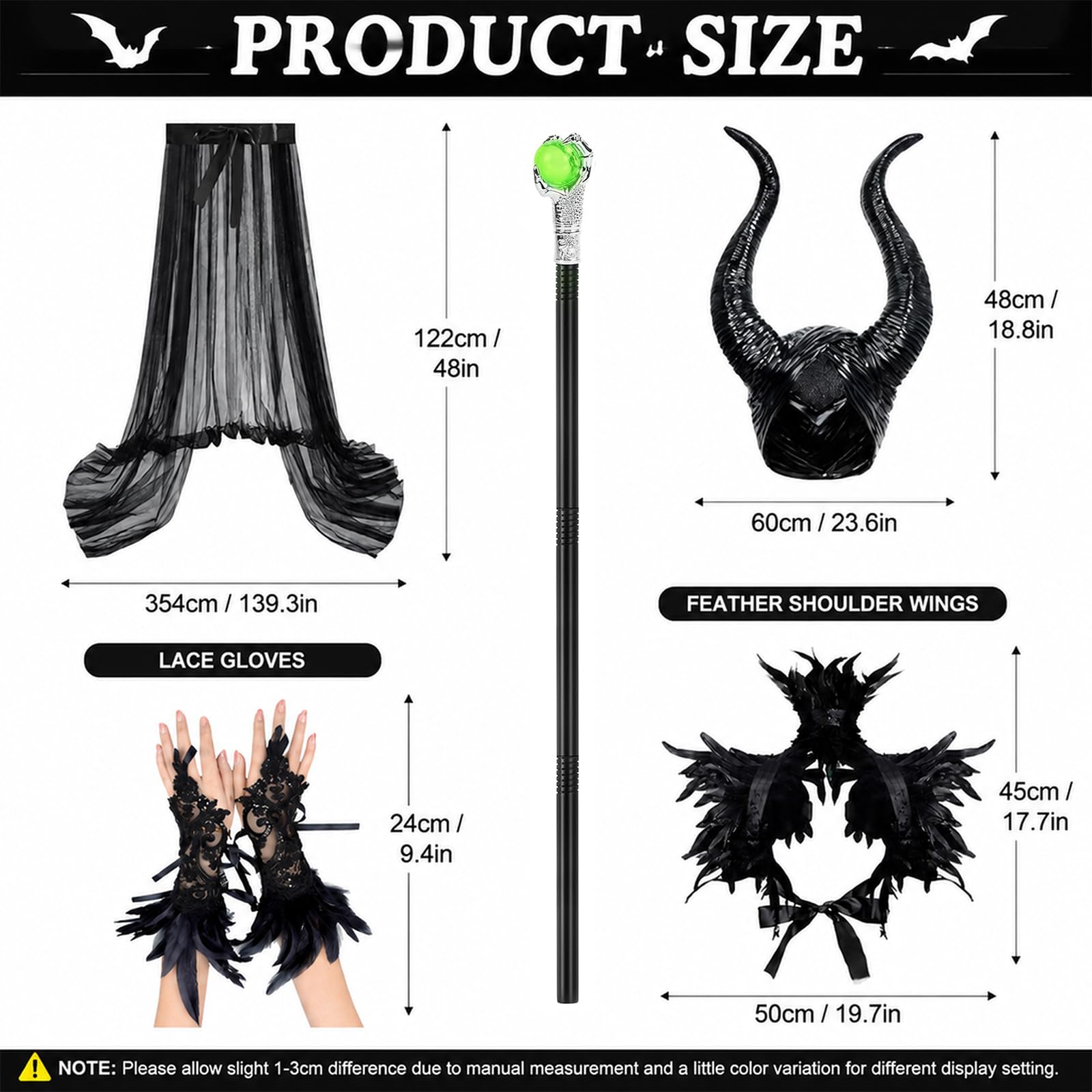 Costume da Maleficent per bambine, da regina cattiva, con corna e mantello con ali nere, senza maniche, costume da strega cattiva, costume da diavolo, per Halloween, carnevale, cosplay, feste a tema