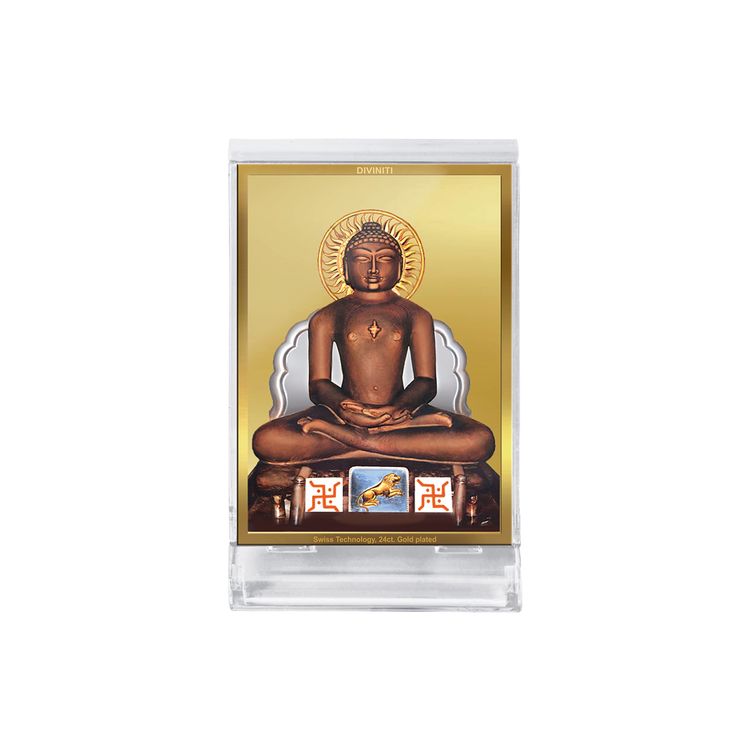 DivinitiMahavir Photo Frame for Car Dashboard, Table Decor|ACF 3 Classic Mahavir and 24K Gold Plated Foil| Religious Frame Idol for Pooja, Gifts Items (11.0 X 6.8 CM)