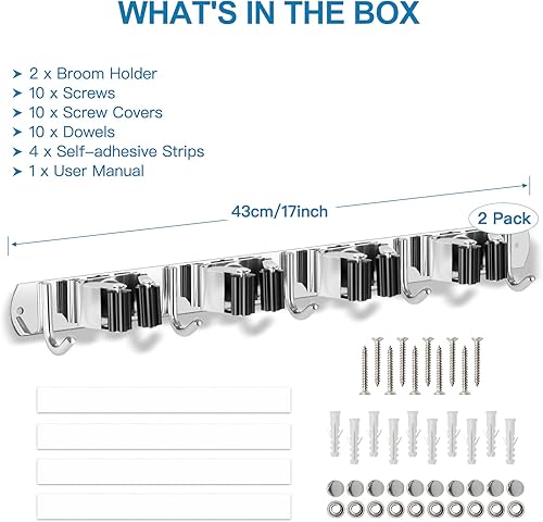 Miniatura 5 de IMILLET - 2 Soportes de Pared para Escobas Montados, Soporte de Acero Inoxidable para Escobas y Fregonas con Ganchos Autoadhesivos y Resistente,