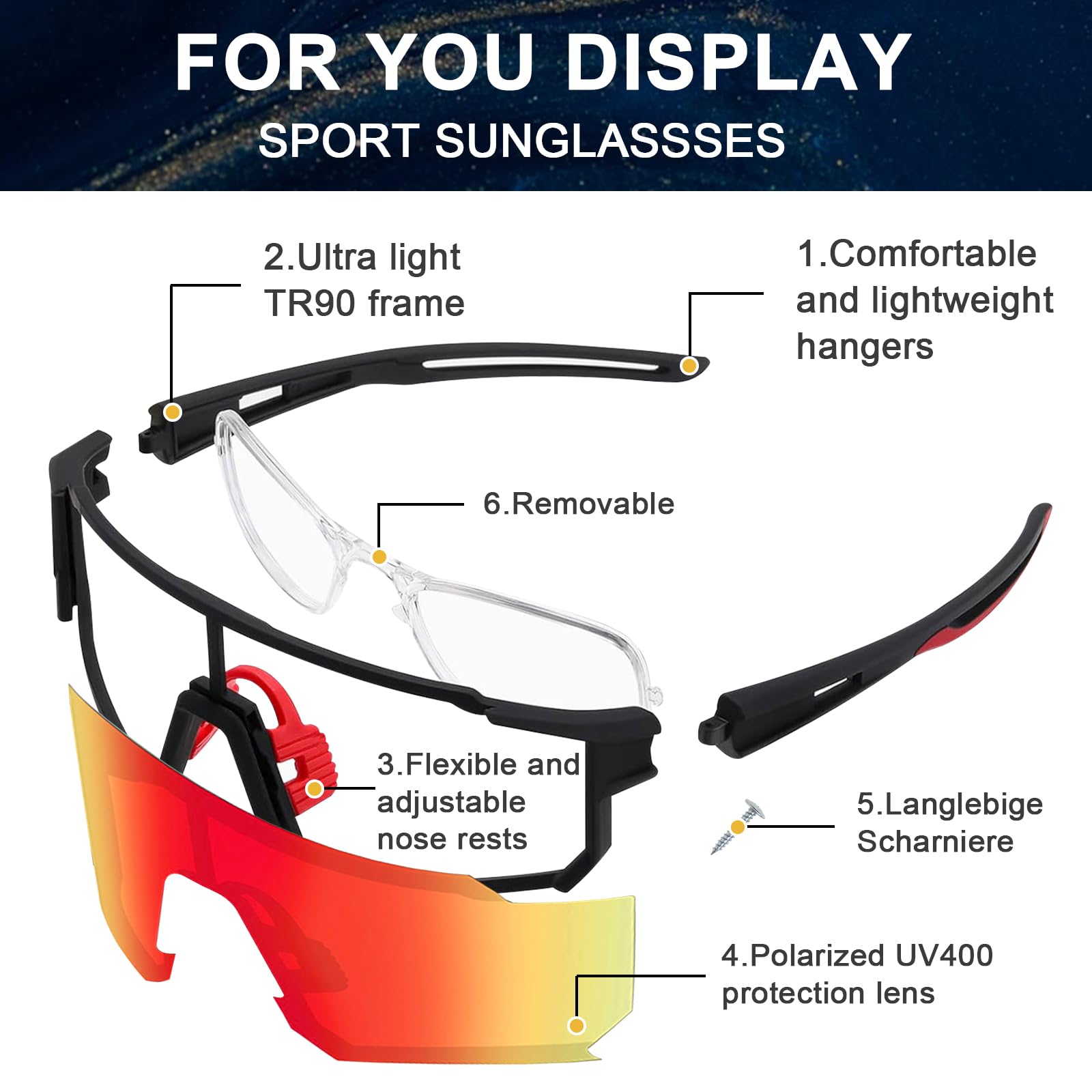 Lunettes De Soleil FGen UV400 Polarisées – 5 Verres Interchangeables, Pour Vélo, Course, Ski, Conduite