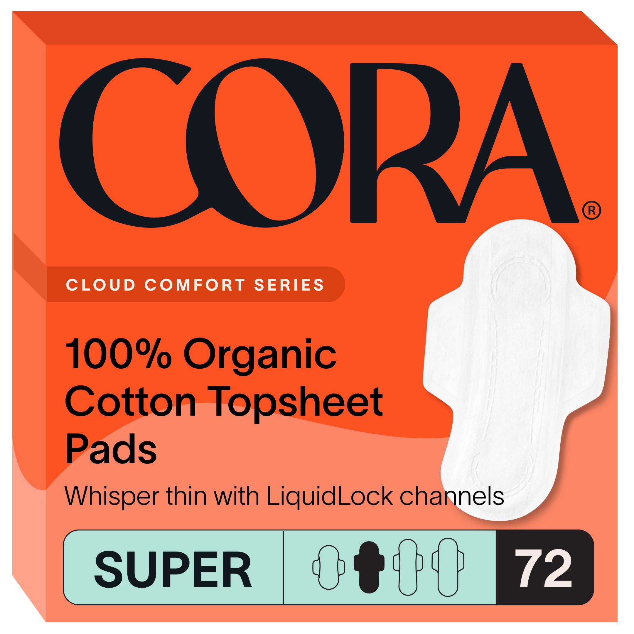 CoraOrganic Pads | Ultra Thin Period Pads with Wings | Super Absorbency | Ultra-Absorbent Sanitary Pads for Women | 100% Organic Cotton Topsheet (72 Count (Pack of 2))