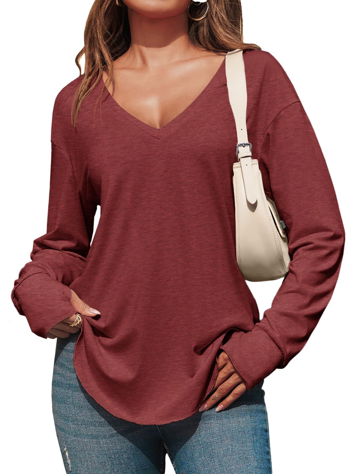 Tankaneo Womens Deep V Neck Tunic Tops Long Sleeve Oversized Casual Loose Fit Curved Hem T Shirts