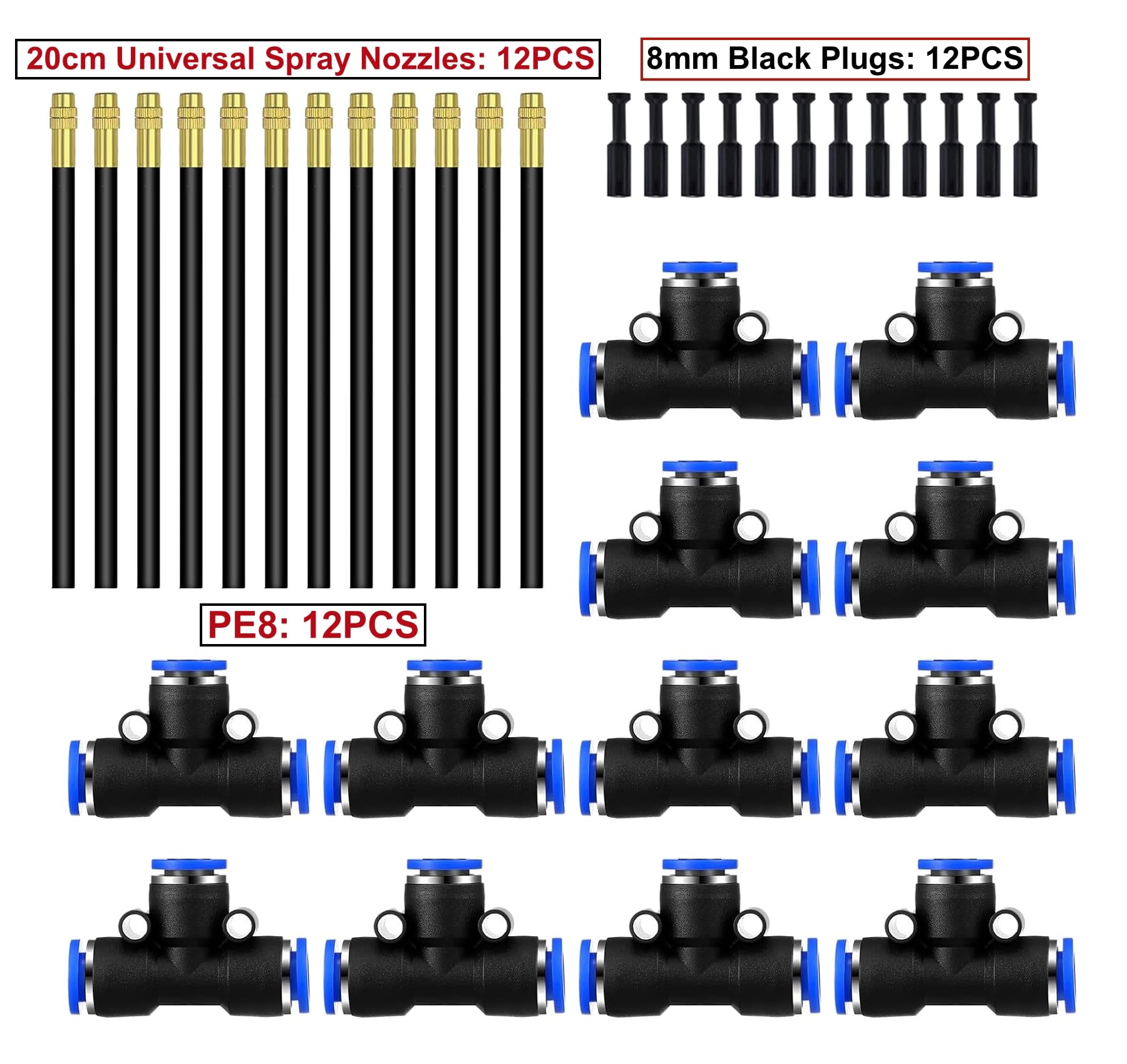 12Pièces Buse de pulvérisation d'irrigation HAXIHA Buse de brouillard 20cm Réglage Universel Tuyau D'eau 8mm de Diamètre Extérieur+12 connecteurs de type T 8mm+12 Bouchons D'Irrigation,pour Irrigation