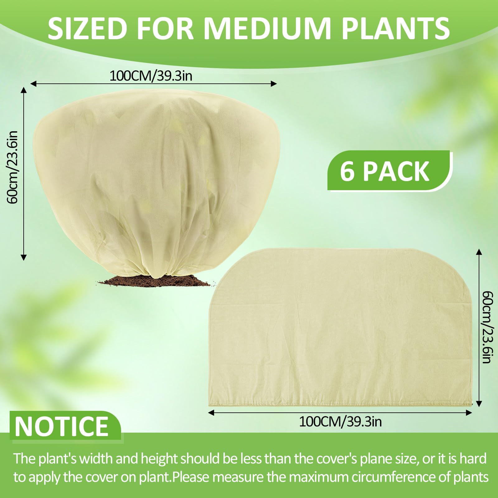 6 fundas de invierno para plantas, protección contra la congelación, 39.4 x 23.6 pulgadas, horizontales, arbustos, rosas, bolsas de protección para plantas, manta contra heladas con cordón para