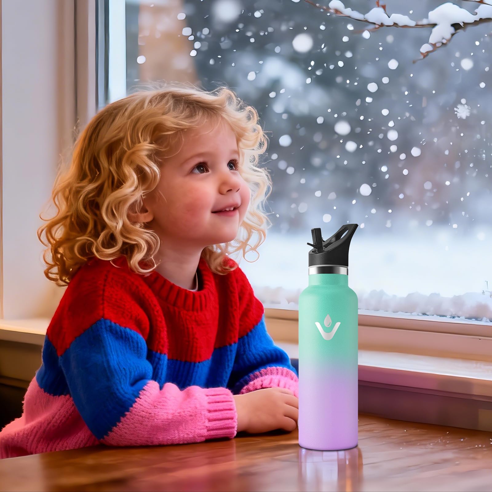 Motswedi Borraccia Termica Bambini, 500ml Con 2 Tappi, Borraccia con Cannuccia, Doppia Parete, Bottiglia Termica, A Prova di Perdite, Bottiglia acqua Per Scuola, Campeggio, Palestra, Verde-Viola