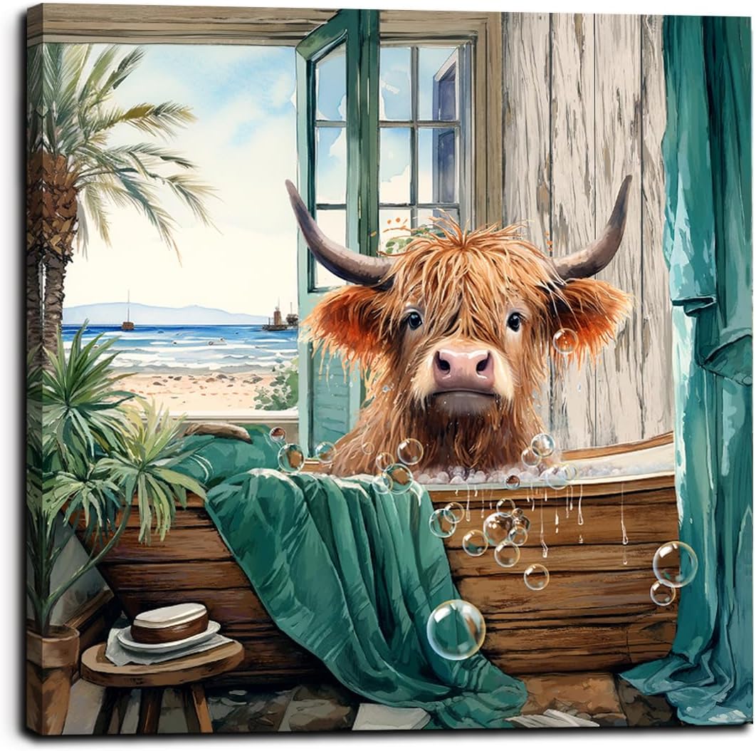 LAIART Funny Bathroom Canvas Print Wall Art Decor Highland Cow Picture Sea ​​View from The Window Artwork
