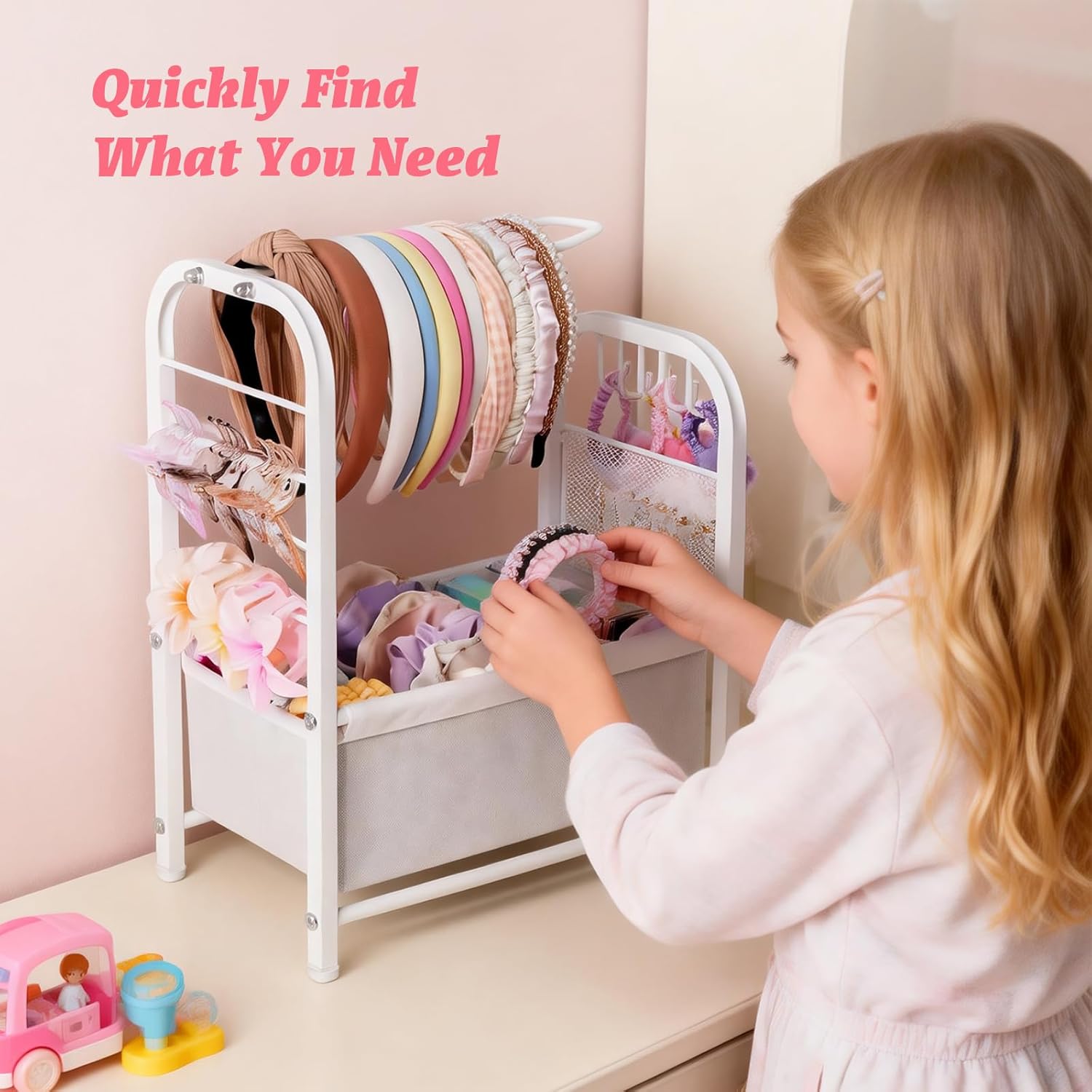 Headband Holder Stand, Metal Hair Accessories Organizer with Divided Storage Box, for Headbands, Hair Ties, Clips & Earrings