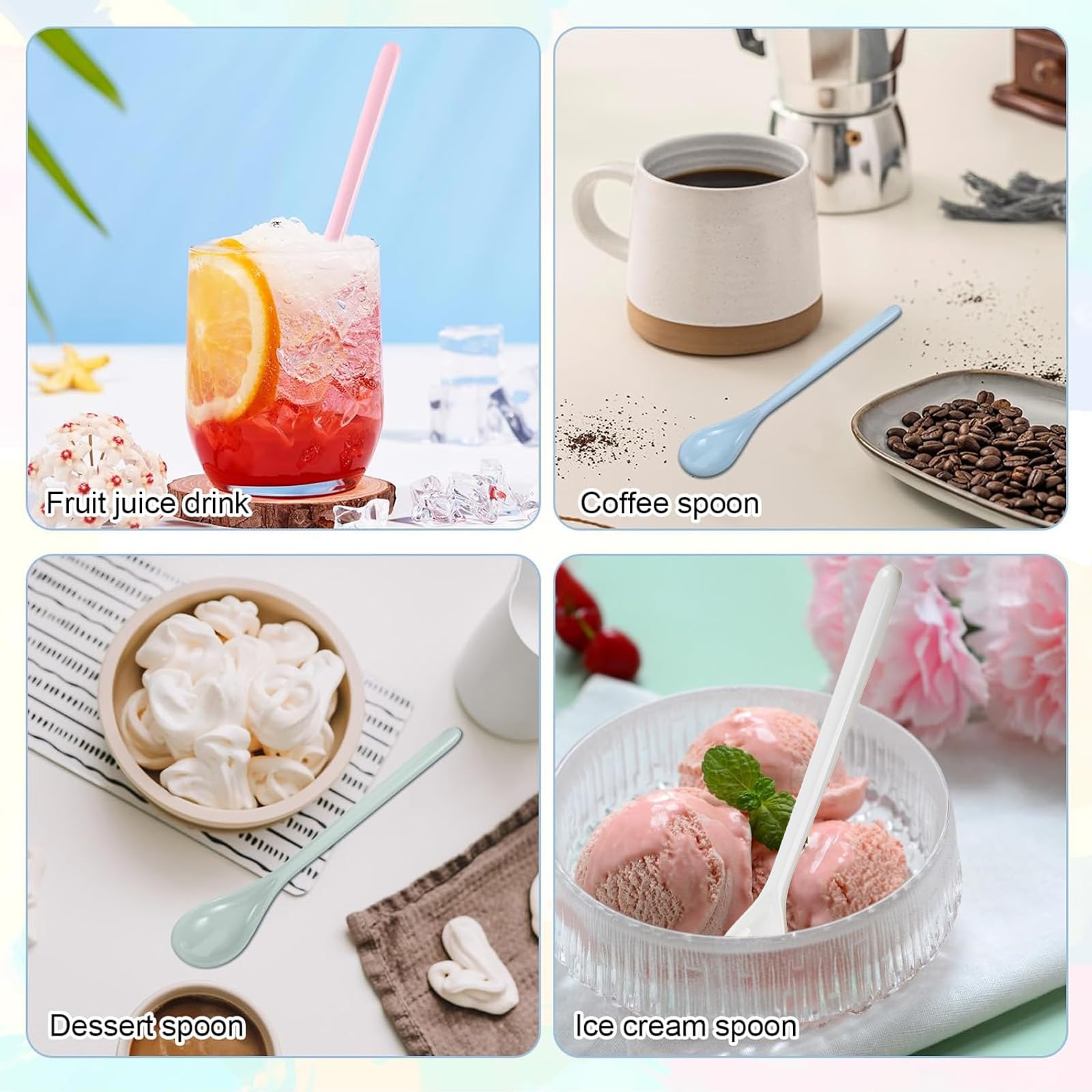 Set Di 8 Cucchiaini In Plastica Colorati Riutilizzabili - Lunghi 16 Cm, Per Gelato, Dessert, Caffè, Zuppe