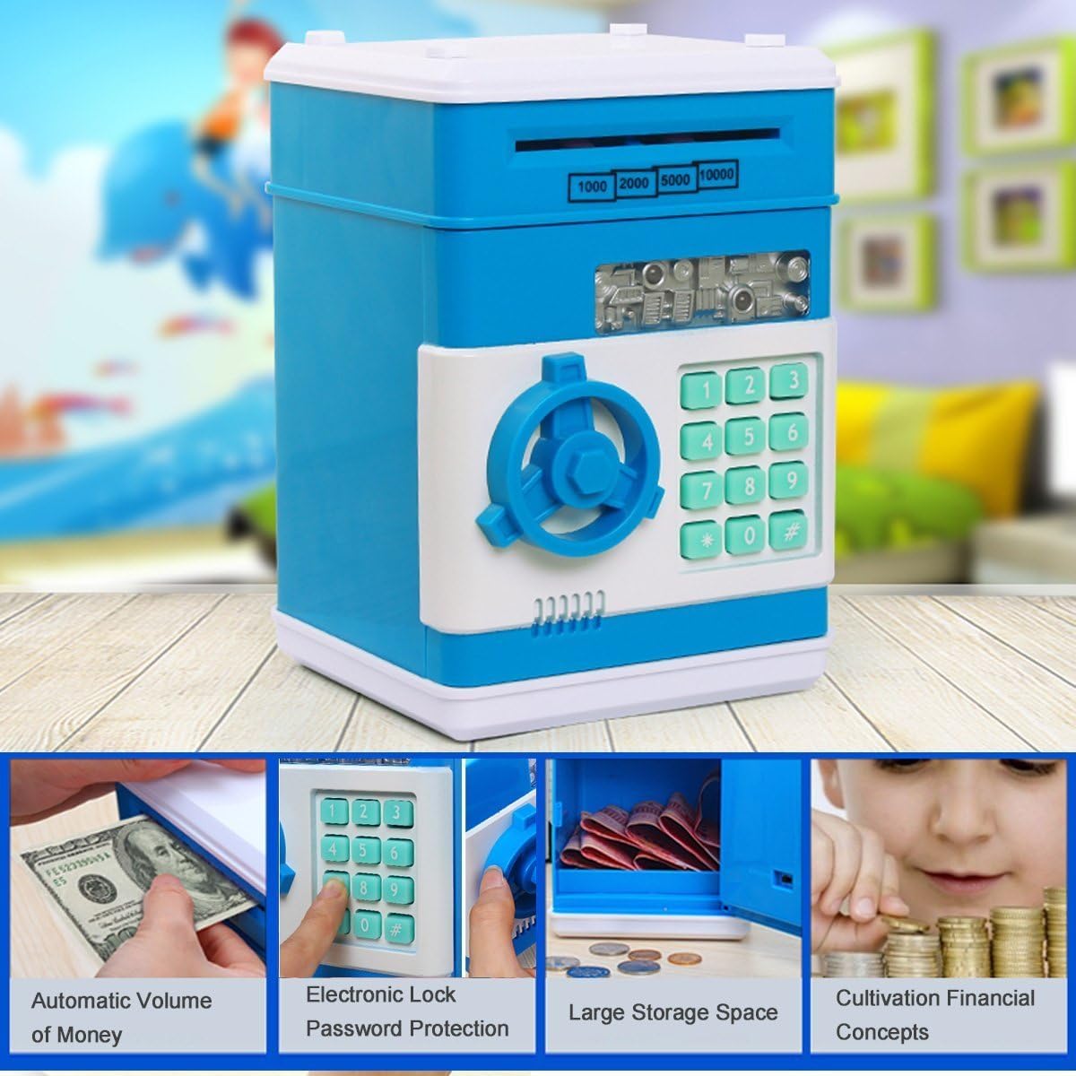 Funny Teddy Money/Piggy bank toy for kids with Safe Password ATM | Enter Coin/Notes - with Light and sound features (Blue)