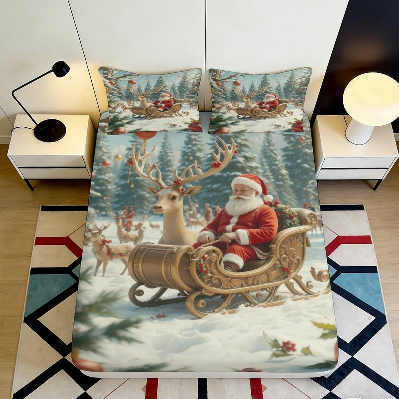 3D Printed Christmas Santa Sleigh Fitted Sheet Microfiber Soft Non-slip Reindeer Bed Cover for Bedroom Guest Room Decor Easy Care 90x200x25cm