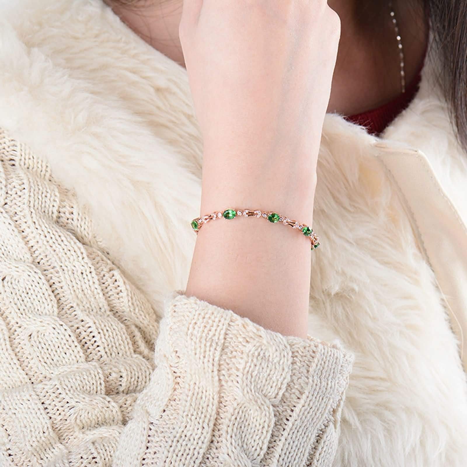 Pulsera para Mujer de Oro Rosa 9 Kilates / 14 Kilates / 18 Kilates, Oval con Tsavorita de 1,77 ct y Diamante de 0,62 ct, Cadena 16 CM, Pulseras de Mujer de Oro Rosa Verde