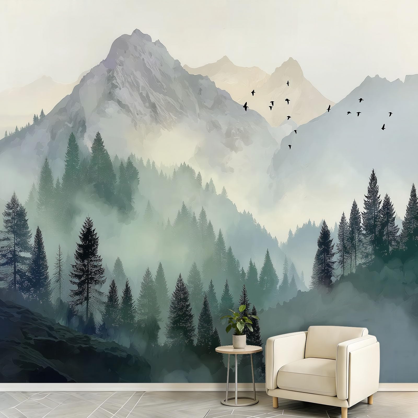 Fototapeta – chiński krajobraz, las, mgła 200 x 140 cm, tapeta na ścianę, tapeta z włókniny, dekoracja ścienna, tapeta ścienna do sypialni, salonu – szczyt górski, drzewa, ptaki, niebo