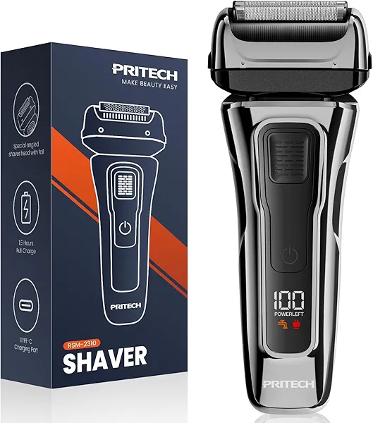 PRITECH Foil Shaver for Men, Electric Razor with Tight Foil Technology, Skin-Friendly Design, Easy Blade Replacement, Cordless Rechargeable with Pop-Up Trimmer, LED Display,Waterproof