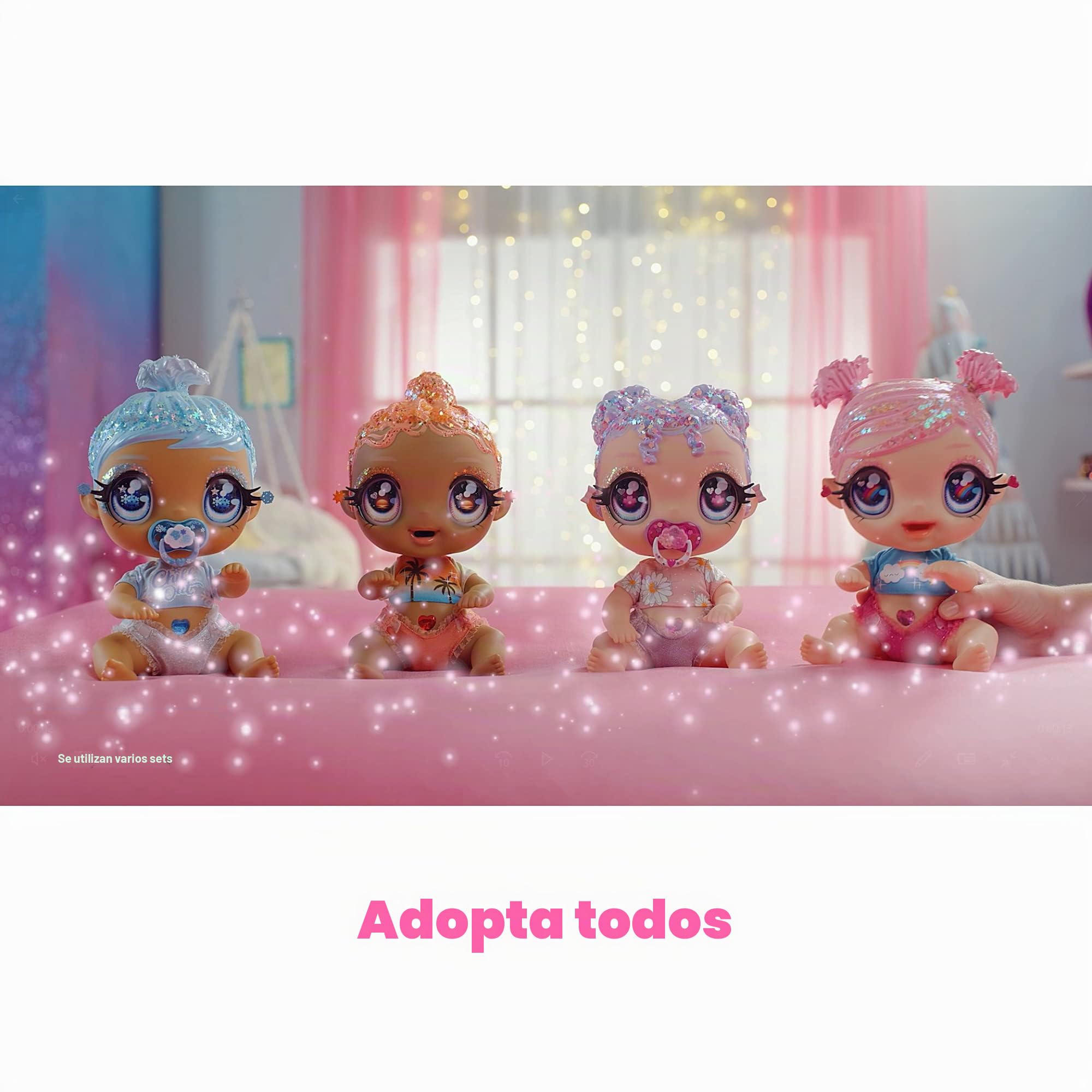 Glitter Babyz Muñeca Solana Sunburst - Con 3 cambios de color mágicos, pelo rosa coral y vestido tropical - Incluye pañal, biberón y chupete reutilizables - Para coleccionar - Edad: 3+ años