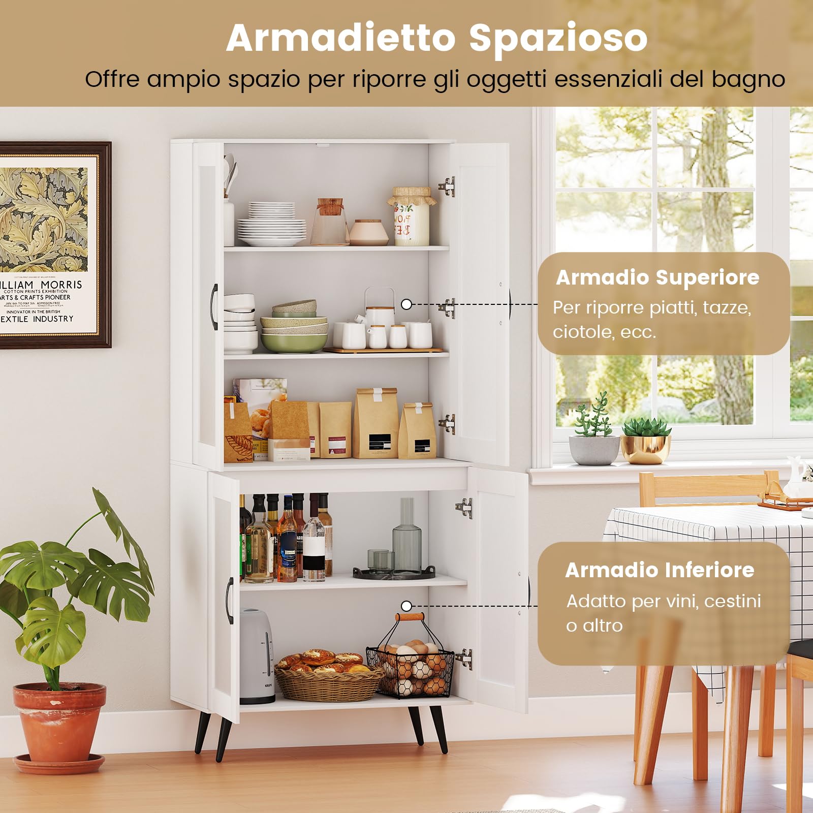 RELAX4LIFE Dispensa Cucina, Credenza Autonoma con Ante Traslucide & Ripiano Regolabile, Armadio Alto Moderno per Soggiorno, Sala da Pranzo, Ufficio a Casa, 80 x 40 x 178,5 CM, Nero/Bianco (BIANCO)