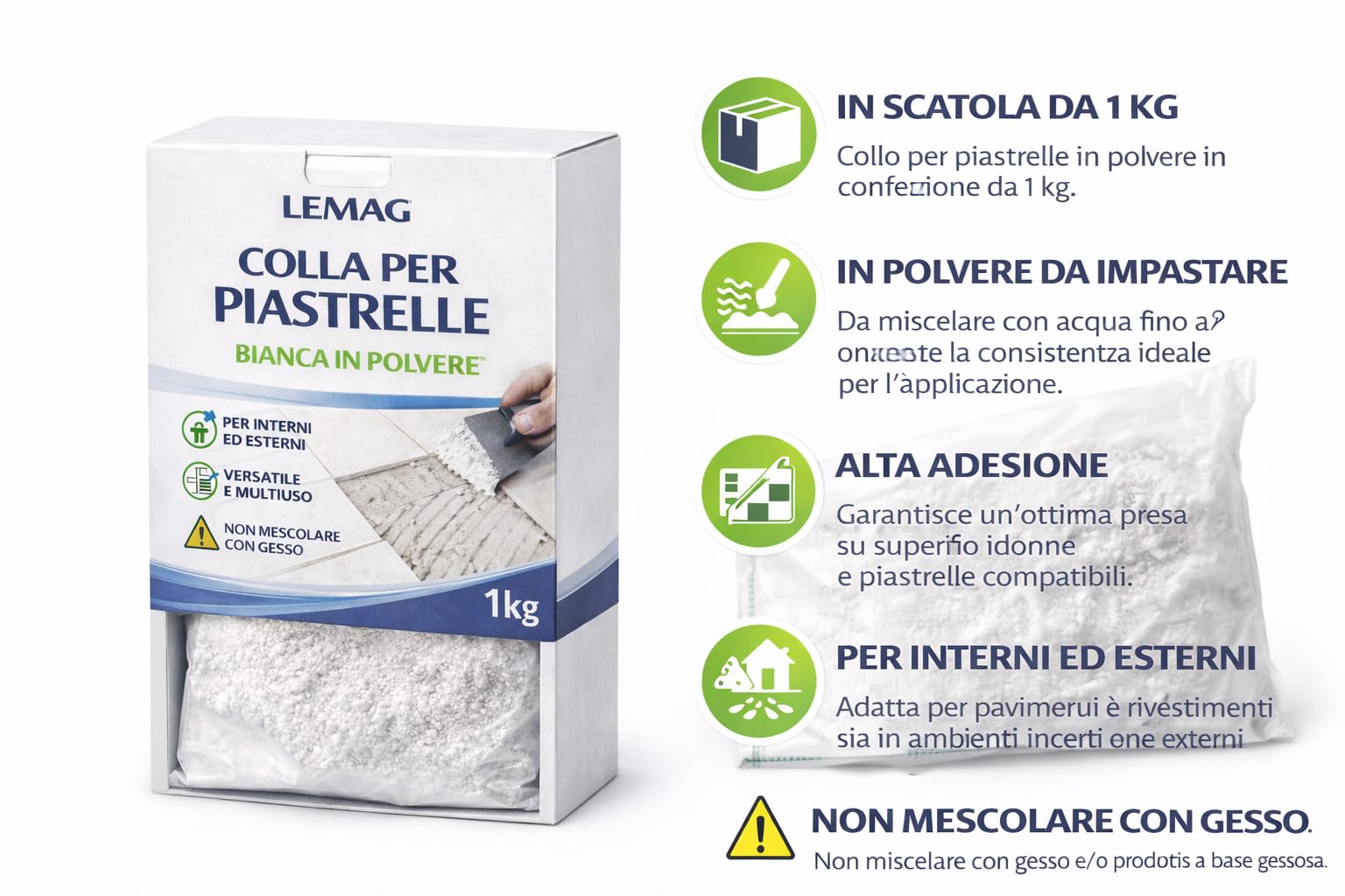 Colla per Piastrelle Bianca in Polvere 1 Kg – Alta Adesione – Per Pavimenti e Rivestimenti Interni ed Esterni – Lemag srl