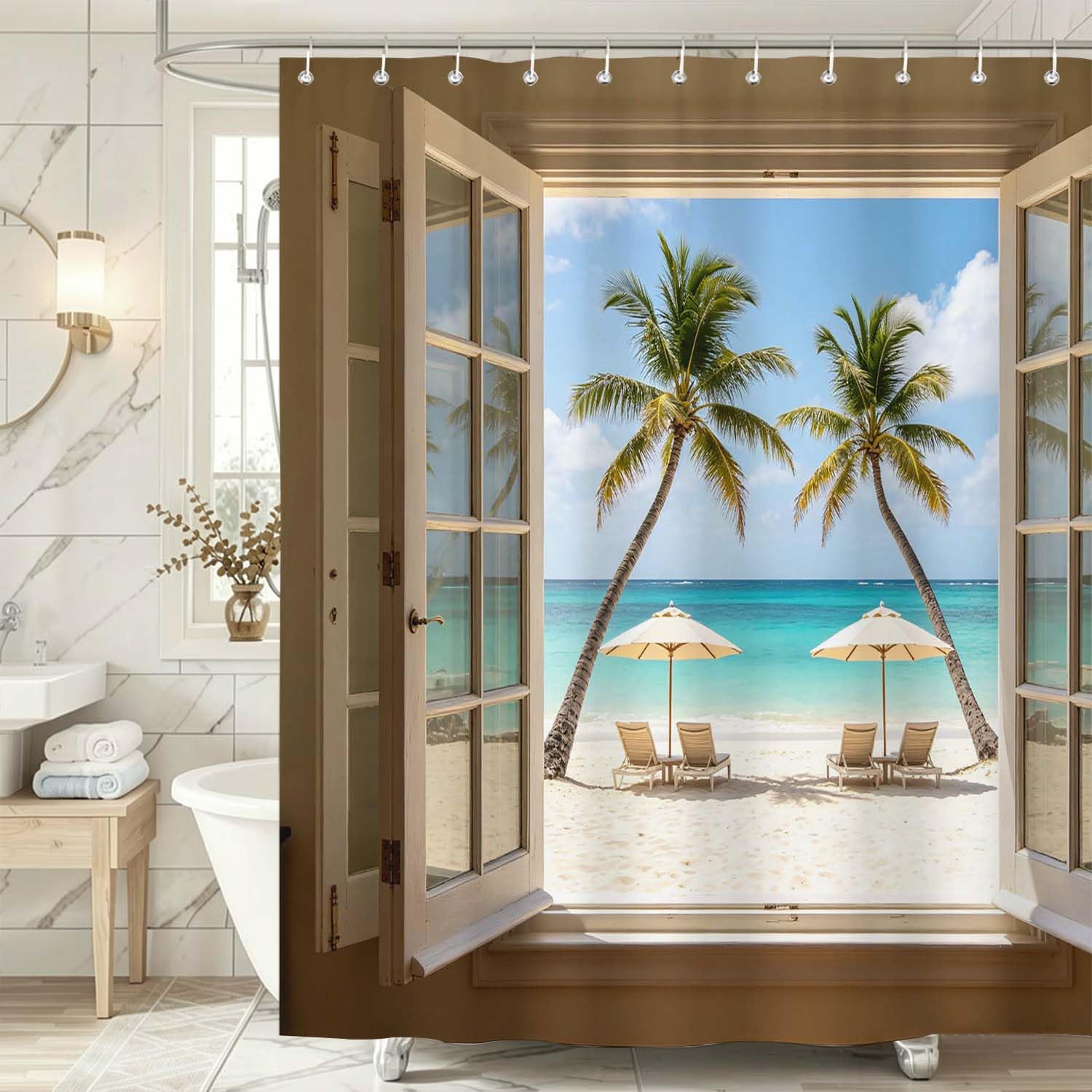Rideau de Douche Anti Moisissure Vue de la Fenêtre, Rideau de Bain Hawaï 3D Rideaux de Douche en Polyester, Imperméable, Lavable en Machine, avec Crochets, 300 x 200 cm 275-YLP