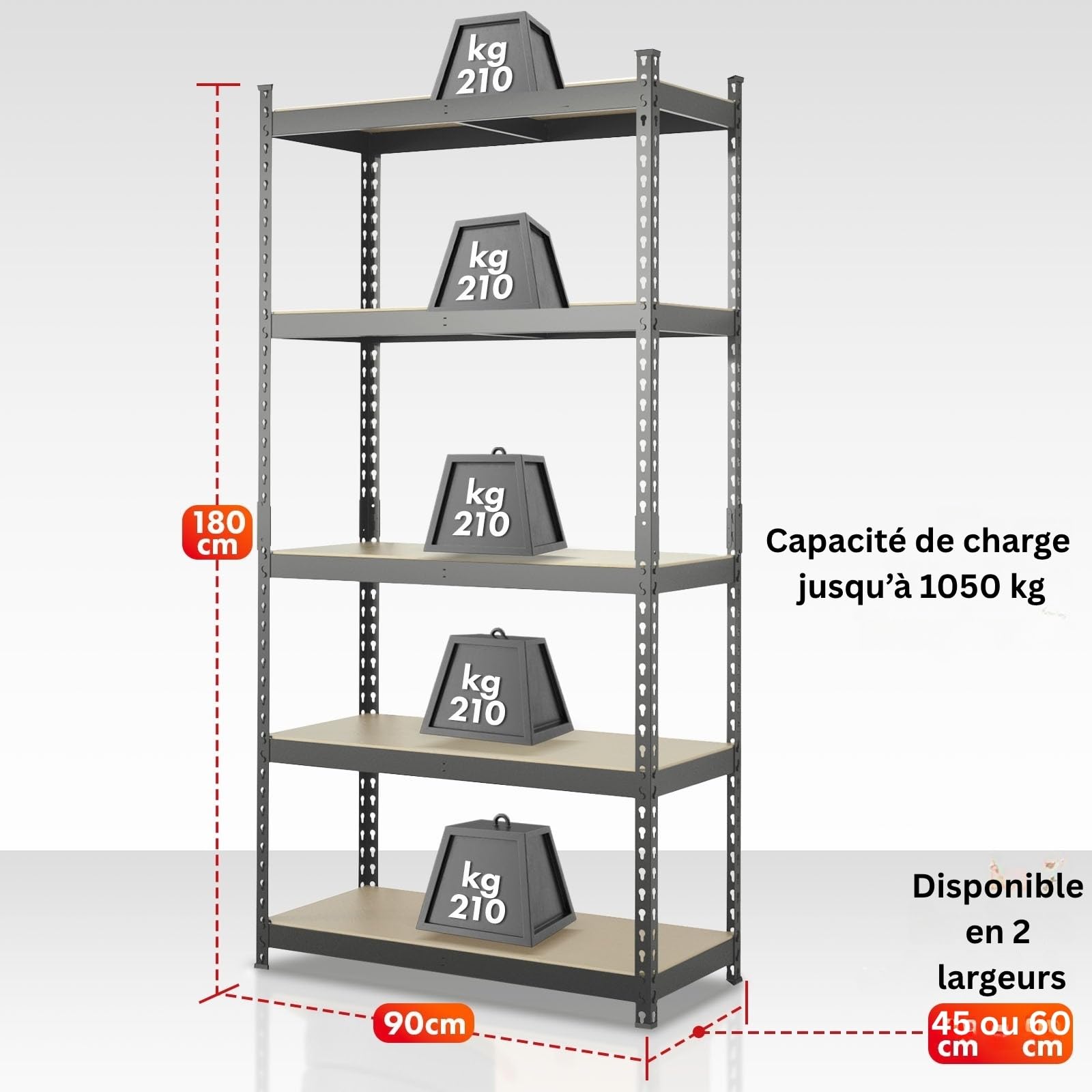 Étagères pour Charges Lourdes - Étagères Enfichables avec 5 tablettes à Hauteur réglable – Rayonnages en métal Idéal pour Cave Garage Entrepôt Stockage, Rhino (Gris, 180 x 90 x 45 cm (HxLxl))
