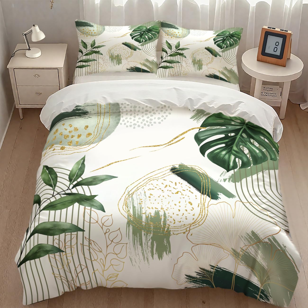 Boho Leaf Bedding Set,Mid Century Palm Tropical Leaf Abstract Geometric Modern Minimalism Green Comforter Set with Pillowcase for Bedroom Bed Decor,Full 79"x90"